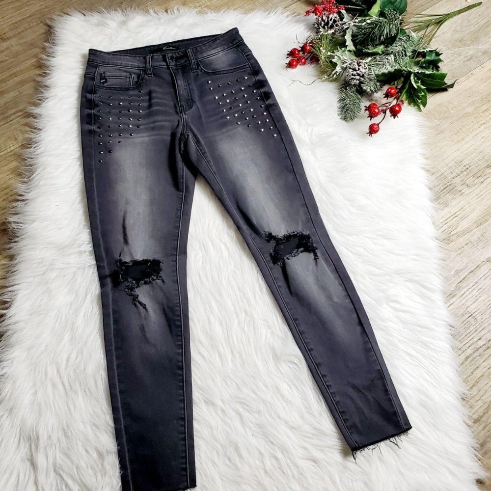 Kancan Womens Black and Gray Skinny Ankle Jeans
